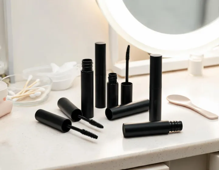 lash lift mascara on a cosmetics bench, illustration only